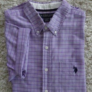 US Polo Assn Men's Plaid Short Sleeve Dress Shirt Size L Purple Embroidered Logo